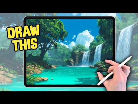 PROCREATE Landscape Drawing Tutorial - Summer Waterfalls