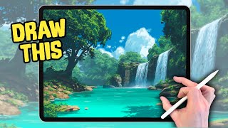 Procreate Landscape Drawing Tutorial - Summer Waterfalls