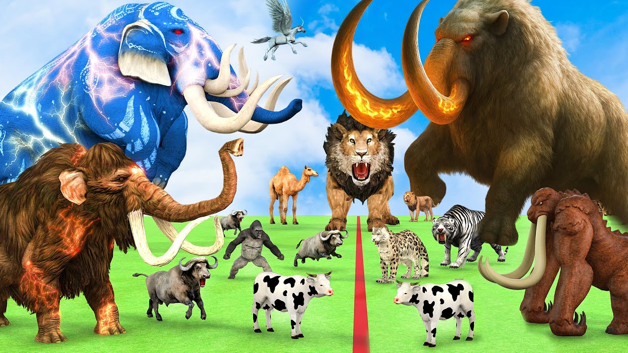 5 Giant Mammoth Elephant Cow Vs Giant Behemoth Vs 5 Giant Lion Tiger Wolf  Saved By Wolly Mammoth