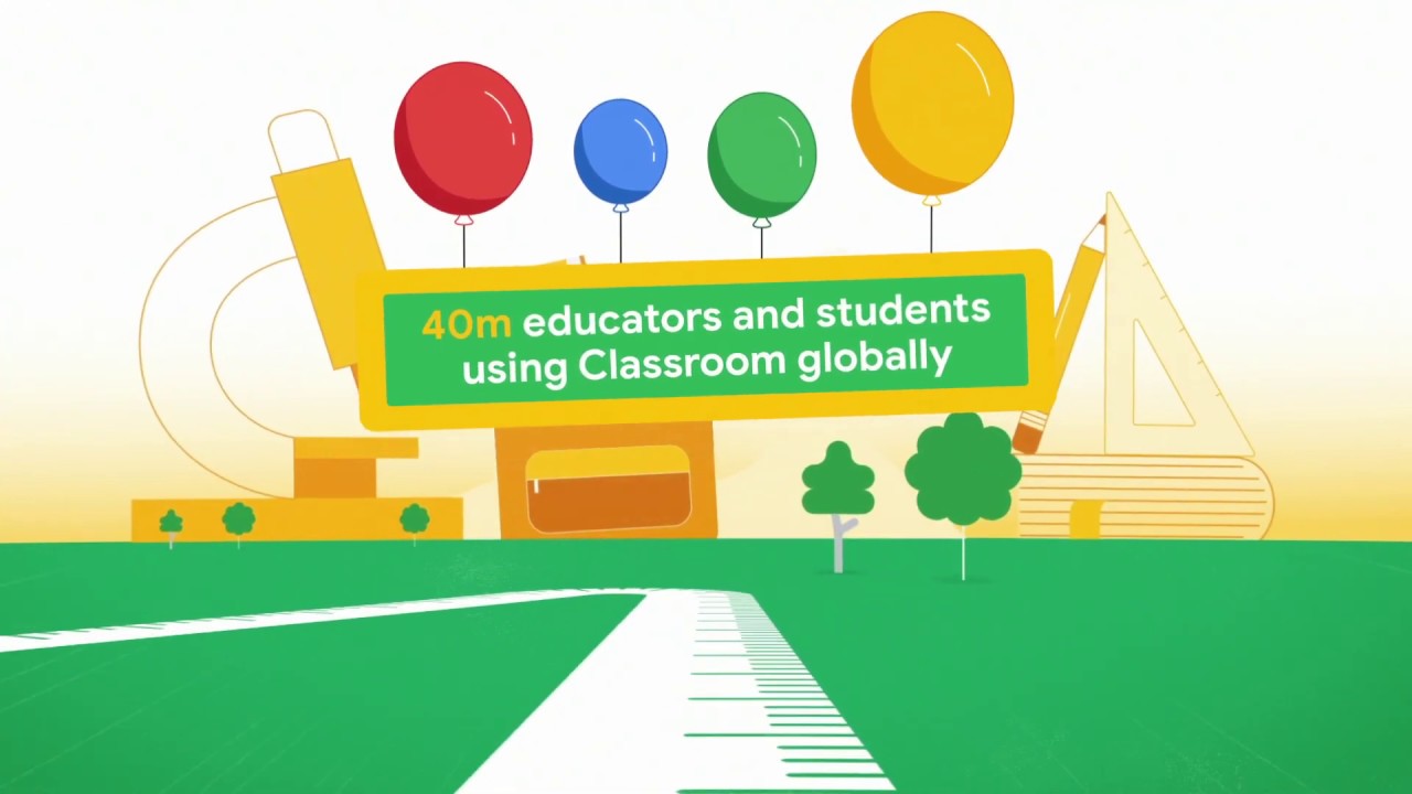 Animated video showing Google Classroom facts, including: Classroom is now available in 238 countries, 40m educators and students use Classroom globally, 100s of pieces of feedback from educators read, 100s of Classroom features launched.