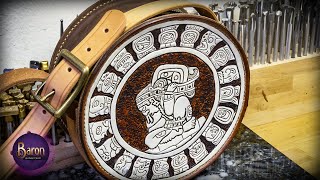 How To Tool a Leather Round Purse with a Mayan Design. Leather Craft Mayan Zodiac Circle.