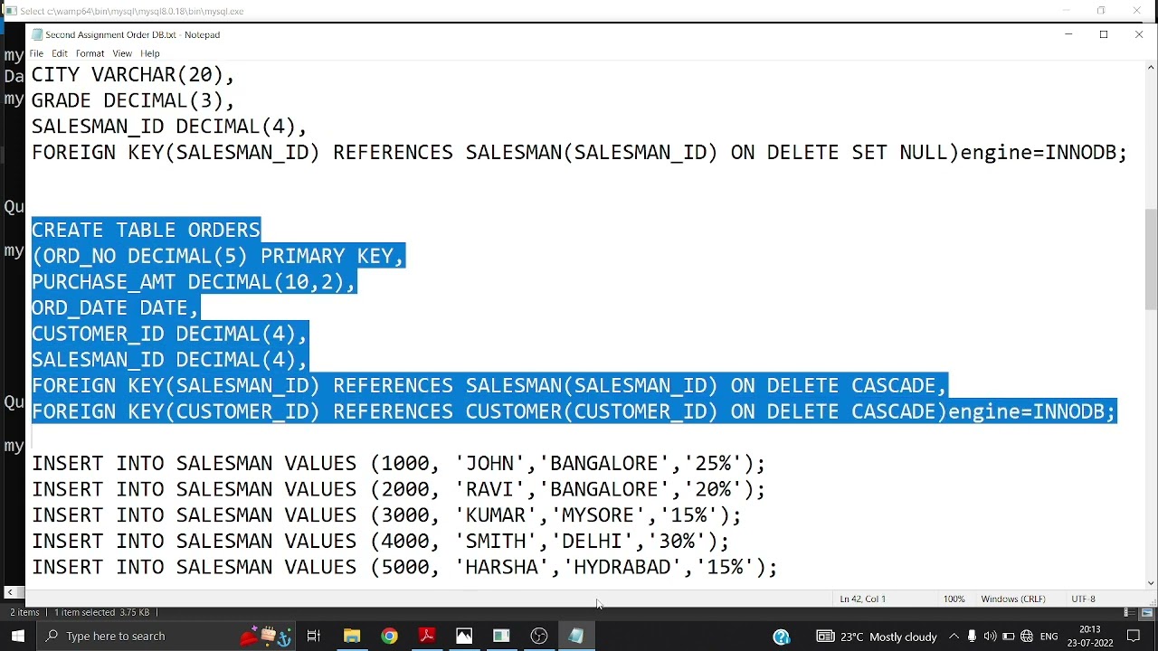DBMS Lab assignment: Orders DB(Salesman, Customer and Orders)