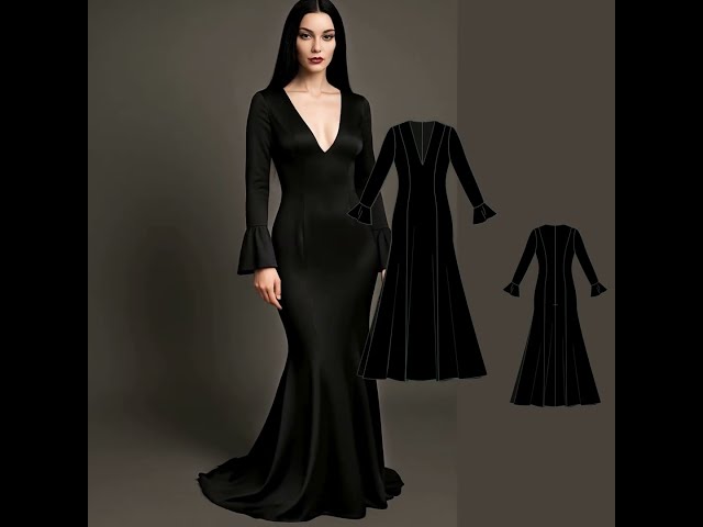 Vídeo relacionado con Mrsclaus Disfraz de Halloween para mujer Morticia Addams, vestido gótico vintage, disfraz de bruja sexy, disfraz de Addams Family Wednesday, hombros descubiertos, vestido de cóctel, vestido de noche,