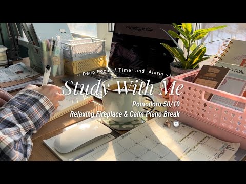 3-HR STUDY WITH ME ☕️🪵 crackling fireplace / pomodoro 50/10 🎹 with calm piano break