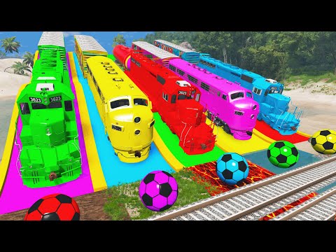 Train vs Slide Color vs Stairs Color and Deep Water Truck Rescue - Cars vs Rails and Train - BeamNG