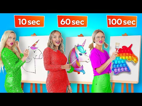 10 vs. 60 vs. 100 Seconds Drawing Challenge || Rich vs. Broke Art Hacks by DrawPaw