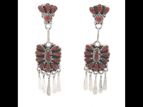 Zuni Indian Jewelry Genuine Coral Sterling Silver Earrings