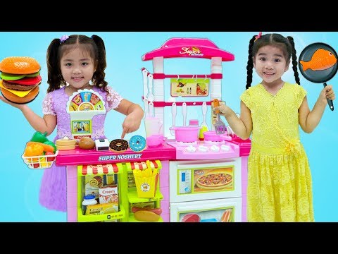 Suri and Annie Cooking Pretend Food with Toy Kitchen Play Set