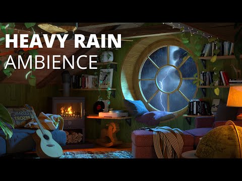 Thunderstorm with Rain and Fireplace Sounds for sleep study and relaxation Cozy Attic | 8 HOURS