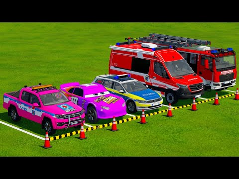 TRANSPORTING PIXAR CARS & FRUITS WITH COLORED & JOHN DEERE vs CLAAS vs TRACTORS - BeamNG.drive #983