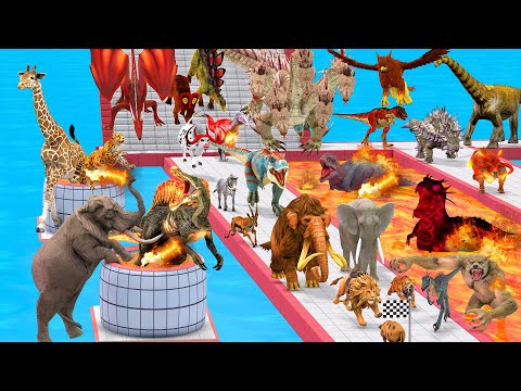 All Units Jump Over the Lava Trap Pool Dinosaurs Vs Animals Vs Mammot Animal Revolt Battle Simulator