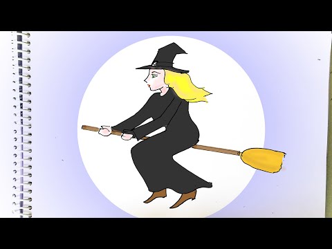 How to Draw a beautiful witch flying broom Halloween easy pencil color