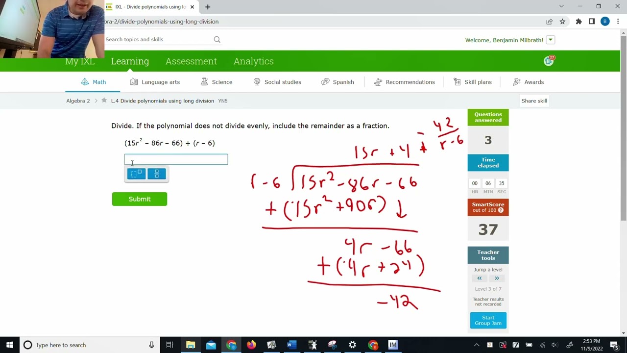 IXL L4 Divide Polynomials using long division