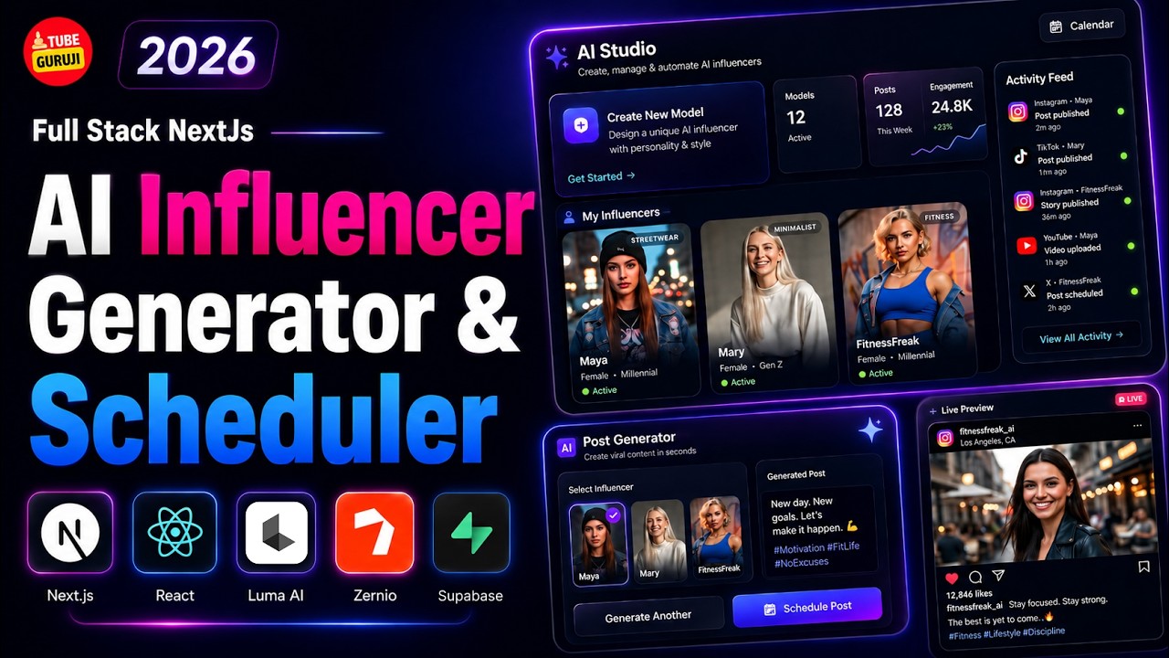 Build Full stack AI Influencer Generator & Post Scheduler Using NextJs, React, Luma AI, Zernio