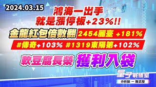 【量子戰情室】#陳武傑0315 #鴻海一出手就是漲停板+23%!!金龍紅包倍數翻2454麗臺 +181%#傳奇+103%#1319東陽第+102%#軟豆腐長榮獲利入袋 (圖)
