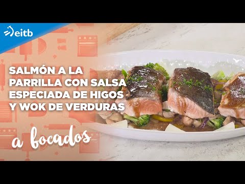 A BOCADOS: Salmón a la parrilla con salsa especiada de higos y wok de verduras