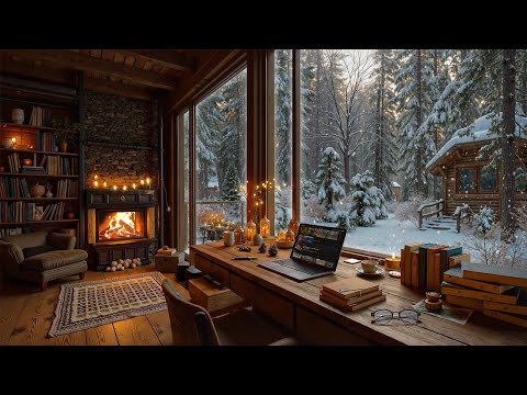 Winter Cabin Jazz Piano for Study ❄️ Cozy Jazz with Crackling Fireplace & Snowy Forest Ambience