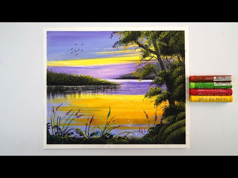 Riverside Evening -How to draw oil pastel landscape | Full tutorial