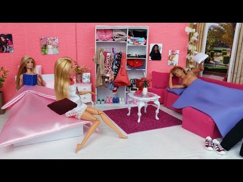 Barbie Doll and Ken Evening Bedroom DreamHouse Routine.Unpack new Doll Food Set. Video