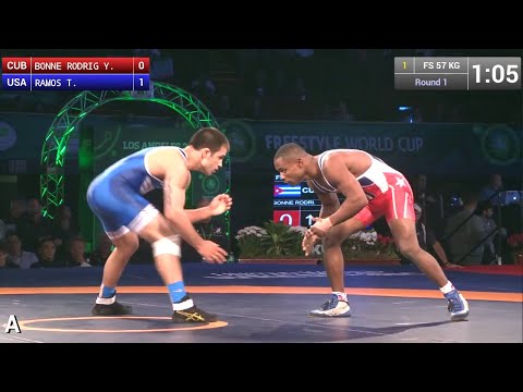 Round 1 FS - 57 kg: Yowlys BONNE RODRIGUEZ (CUB) df. Tony RAMOS (USA) by FALL, 4-2