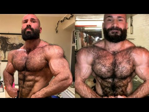 Bearded Bodybuilder Julian Titanium Hairy Muscle Daddy Flexing and Workout Tips