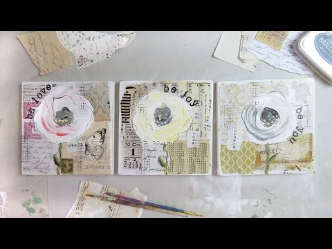 a trio of flowers - mixed media artwork using vintage papers