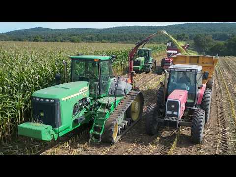 Tracked Tractors Chopping Corn Silage on Farm John Deere 9620T 8400T