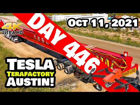 Tesla Gigafactory Austin 4K  Day 446 - 10/11/21 - Texas - MORE BRIDGE CRANES ARRIVE TO GIGA TEXAS!