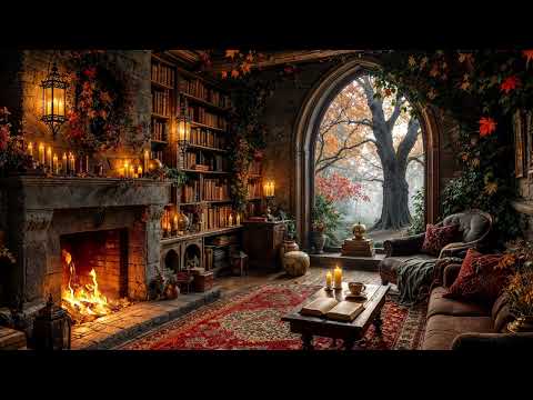 🍁📚 Autumn Reading Nook | Crackling Fireplace, Falling Leaves & Cozy Tea Ambience