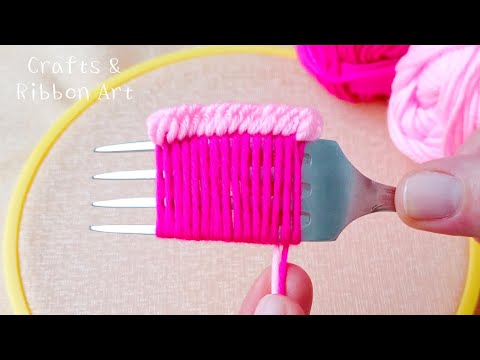 Superb 3D Woolen Rose Making Trick Using Fork - Hand Embroidery Amazing Flower Design - Sewing Hack