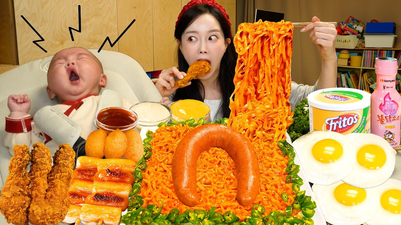 육아 먹방🍼 꾸덕한 까르보불닭 🔥 킬바사 소세지까지! Carbo Buldak Ramen Kielbasa Sausages Mukbang ASMR Ssoyoung