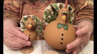 Two Thanksgiving Turkeys Painted on Dried Gourds