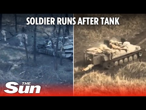 Russian soldier 'chases after' tank in attempt to escape Ukrainian fire