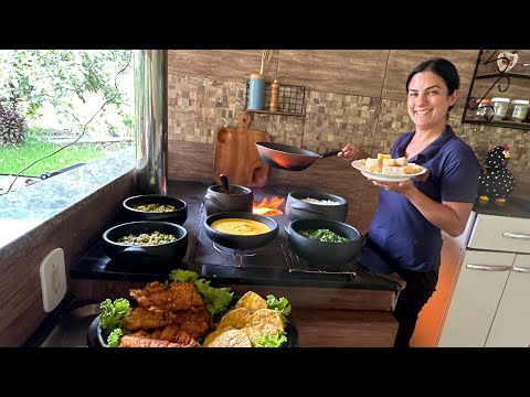 Making a typical country lunch, on a wood stove, the old-fashioned way