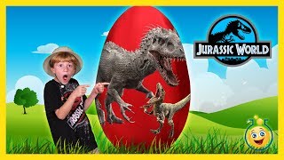DINOSAUR GIANT SURPRISE EGG OPENING Jurassic World Indominus Rex & T-Rex Toy Unboxing Fun Kids Video