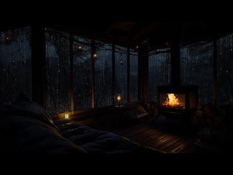 Rain in Wooden Cabin with Fireplace | Deep Sleep Background Sounds with Rain on window