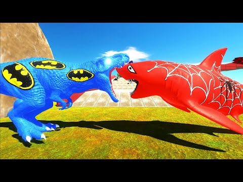 BLUE BATMAN T-REX vs SPIDERMAN MEGALODON ISLAND DEATH RUN - Animal Revolt Battle Simulator
