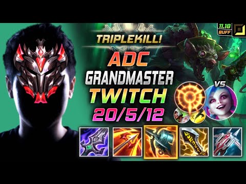 GrandMaster Twitch ADC vs Jinx - 천상계 장인 원딜 트위치 템트리 룬 몰왕 집공 トゥイッチ Твич 瘟疫之源 圖奇 - LOL KR 11.18