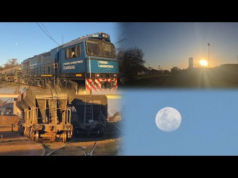 [4K[ Tren vacio de NCA pasando por Marcos Juárez rumbo al oeste al atardecer y bajo la Luna llena!!!