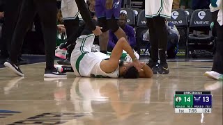 Derrick White goes down with scary neck injury after running in the Marcus Smart 😬#nba ￼