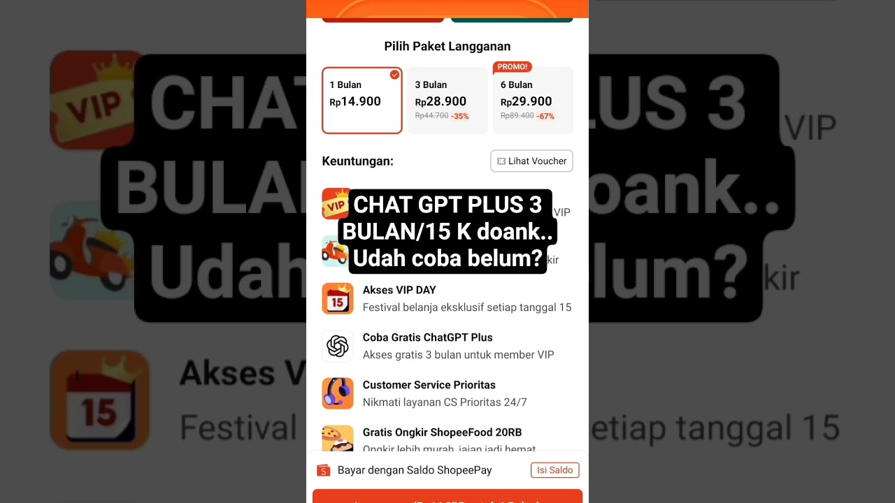 🔥 INFO PENTING BUAT PENGGUNA AI . ChatGPT Plus  cuma dengan langganan Shopee VIP seharga Rp14.900