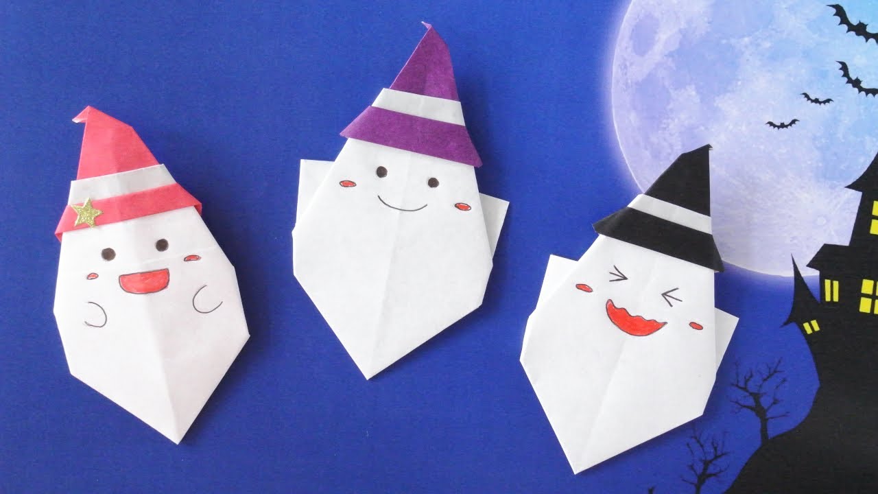 【ハロウィン折り紙】1枚で簡単な帽子付きおばけの作り方 [Halloween Origami] Easy Ghost with witch hat(Using only 1 paper)