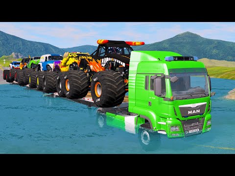 Double Flatbed Trailer Monster Trucks Transport with Slide Color - Cars vs Speed bump - BeamNG.drive