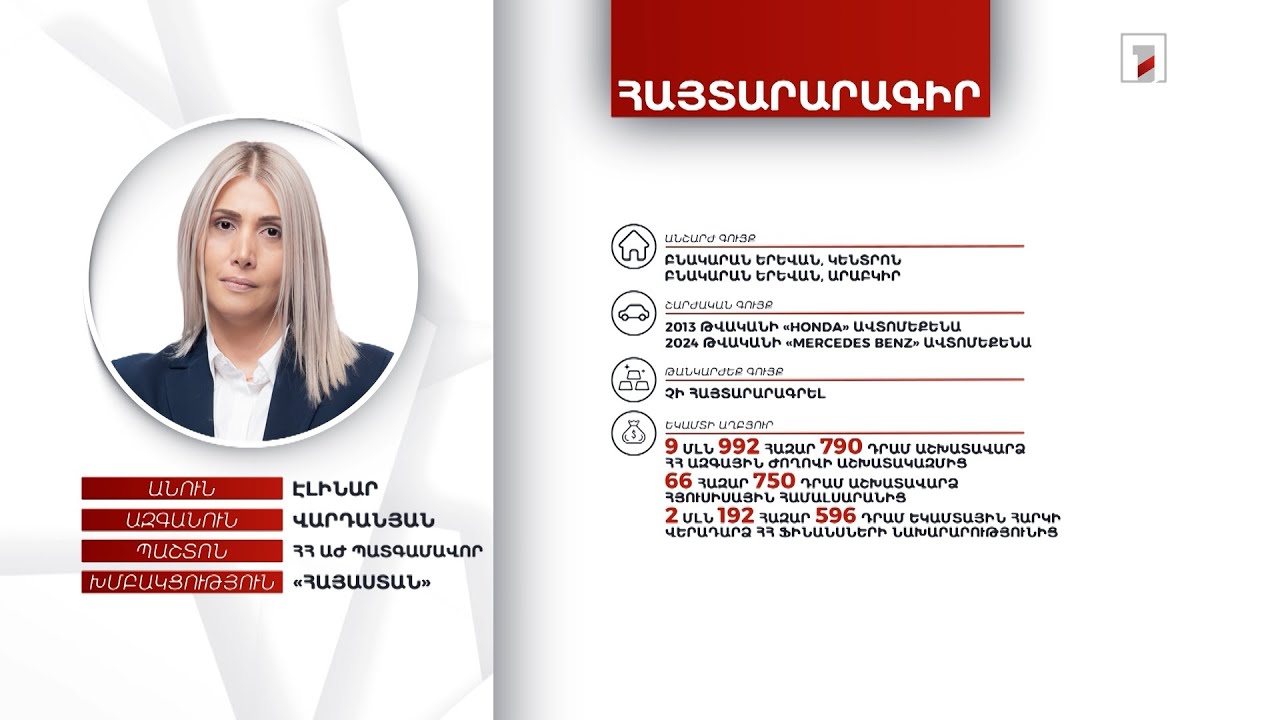 2 անշարժ և 2 շարժական գույք, 20 հազար դոլար. ՀՀ ԱԺ պատգամավոր Էլինար Վարդանյանի հայտարարագիրը