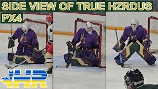Side view of True Hzrdus PX4 custom goalie pads and gloves