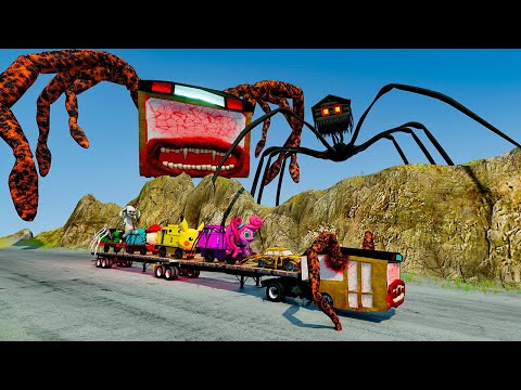 ALL MONSTERS on the Double flatbed Big & Small Cars Downhill Madness with BUS EATER – BeamNG.Drive