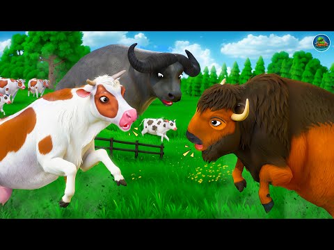 Cow and Buffalo Team Up Against Bison! Animal Fights in Forest | Wild Animal Attacks