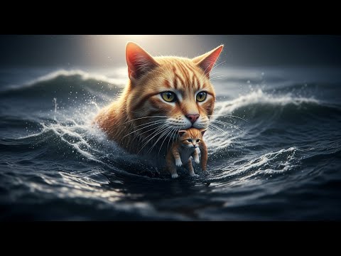 Unbelievable! Father Cat Defies Danger, Father cat rescues the kitten from the raging waters