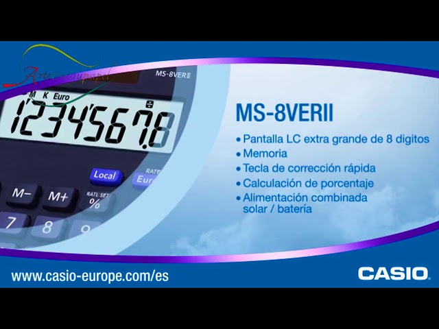 Vídeo relacionado con Casio, MS-8E, Calculadora de Escritorio con Pantalla Extra-Grande de 8 dígitos, Azul, alimentada por energía Solar/batería, con cálculo de Porcentaje avanzado