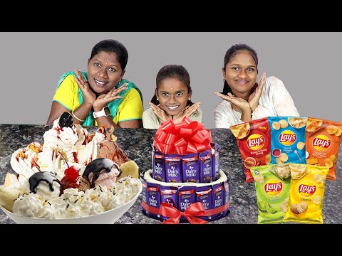 Ice Cream VS Chocolate VS Lays Challenge in Tamil Foodies Divya VS Her Daughter